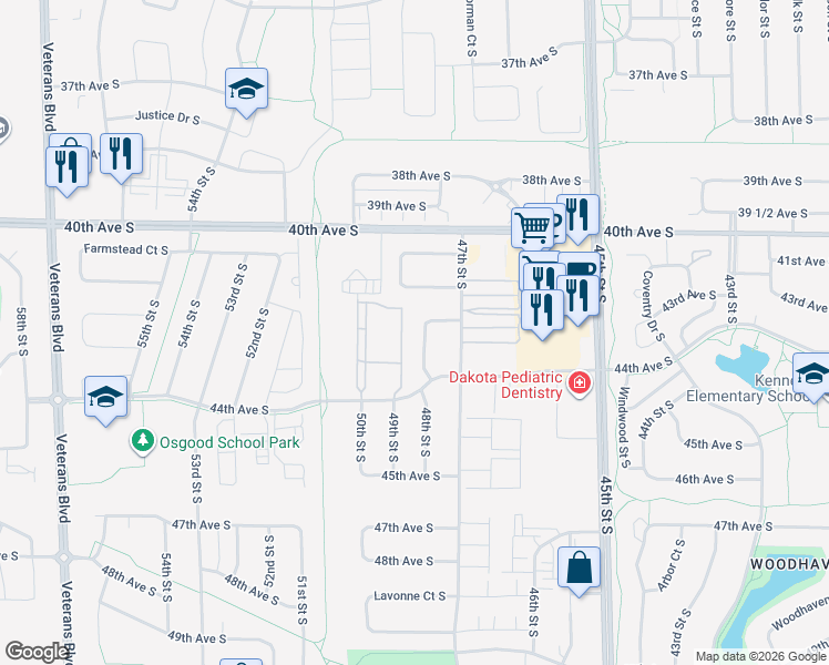 map of restaurants, bars, coffee shops, grocery stores, and more near 4779 Clock Tower Lane in Fargo