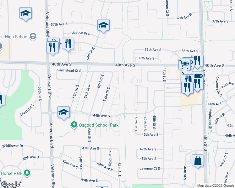 map of restaurants, bars, coffee shops, grocery stores, and more near 4285 Estate Drive South in Fargo