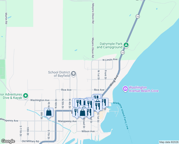 map of restaurants, bars, coffee shops, grocery stores, and more near 309 North 2nd Street in Bayfield