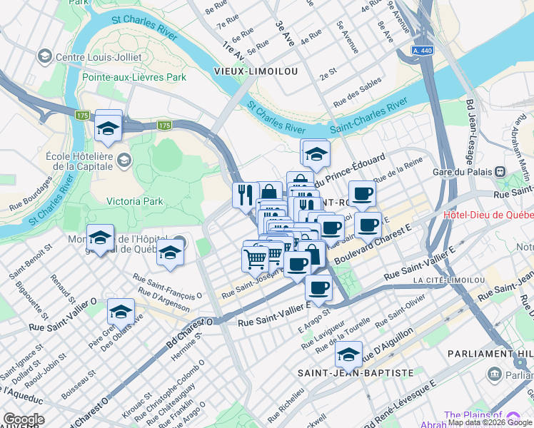 map of restaurants, bars, coffee shops, grocery stores, and more near 326 Rue des Commissaires Est in Québec