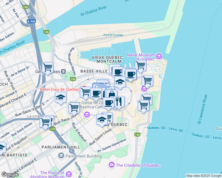 map of restaurants, bars, coffee shops, grocery stores, and more near 3 Rue Ferland in Ville de Québec