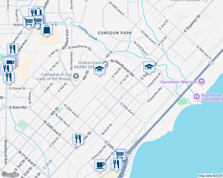 map of restaurants, bars, coffee shops, grocery stores, and more near 2901 East Superior Street in Duluth