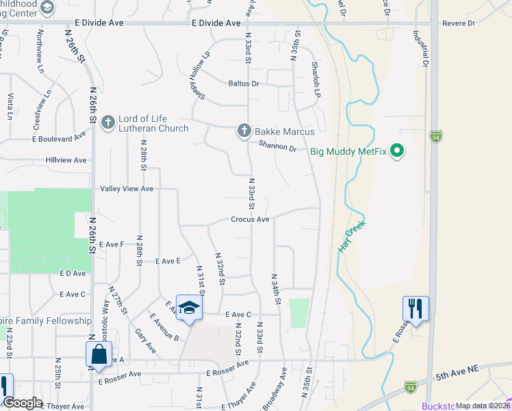 map of restaurants, bars, coffee shops, grocery stores, and more near 947 North 33rd Street in Bismarck
