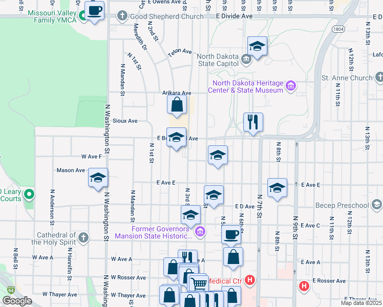 map of restaurants, bars, coffee shops, grocery stores, and more near 1011 North 3rd Street in Bismarck