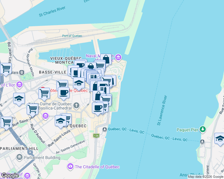 map of restaurants, bars, coffee shops, grocery stores, and more near 76 Rue Dalhousie in Québec