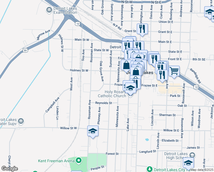 map of restaurants, bars, coffee shops, grocery stores, and more near 920 Summit Avenue in Detroit Lakes