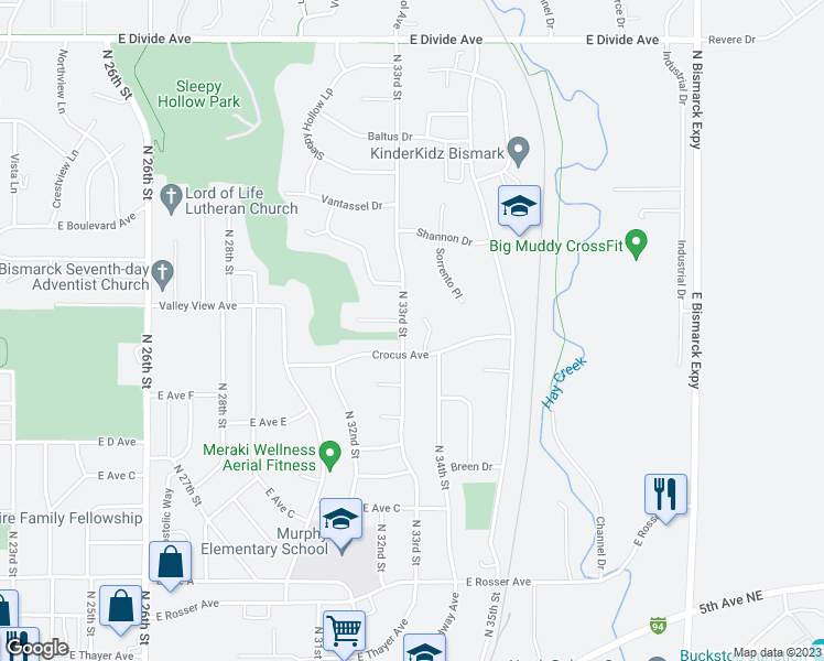 map of restaurants, bars, coffee shops, grocery stores, and more near 1013 North 33rd Street in Bismarck