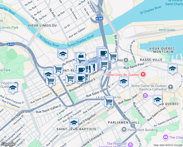map of restaurants, bars, coffee shops, grocery stores, and more near 770 A Rue Saint-Joseph Est in Québec
