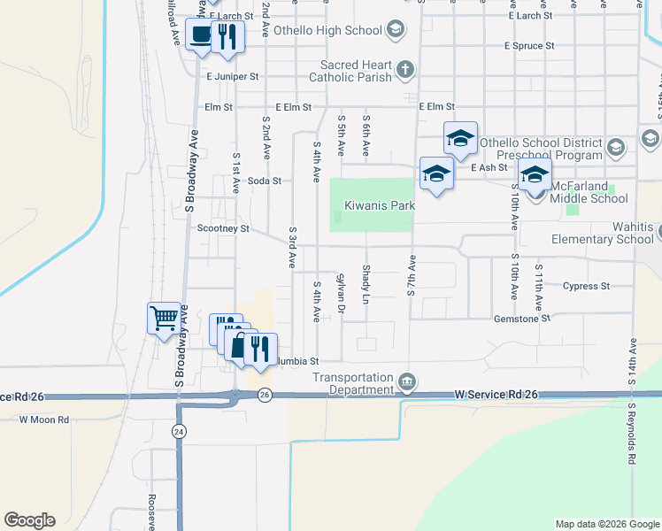 map of restaurants, bars, coffee shops, grocery stores, and more near 451 East Scootney Street in Othello