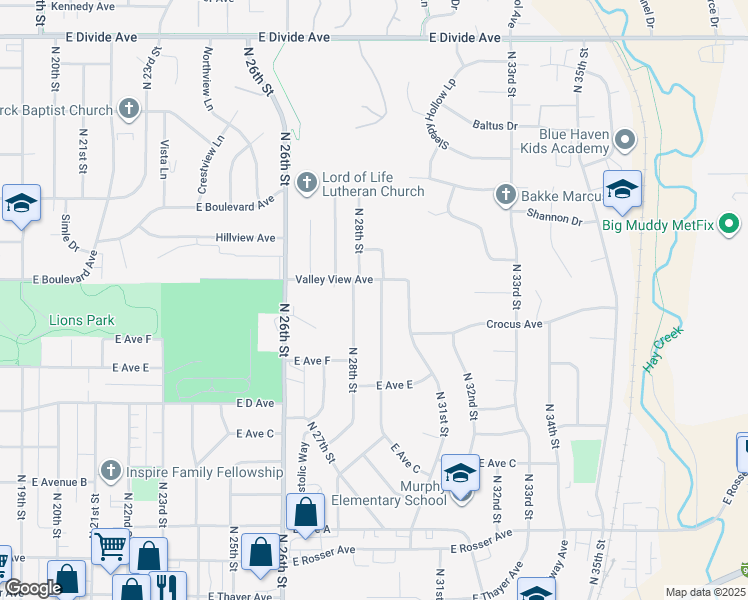 map of restaurants, bars, coffee shops, grocery stores, and more near 2903-3099 Valleyview Avenue in Bismarck