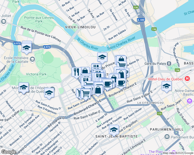 map of restaurants, bars, coffee shops, grocery stores, and more near 285 Rue de la Couronne in Québec