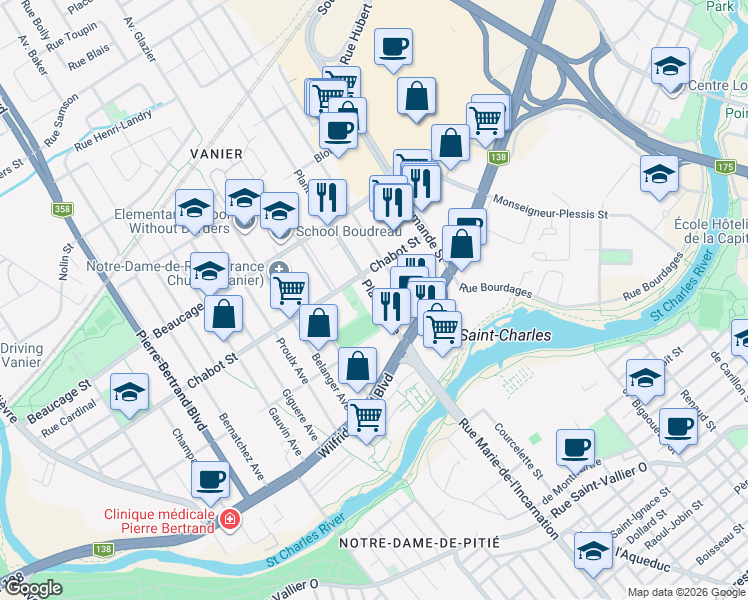 map of restaurants, bars, coffee shops, grocery stores, and more near 79 Avenue Plante in Québec
