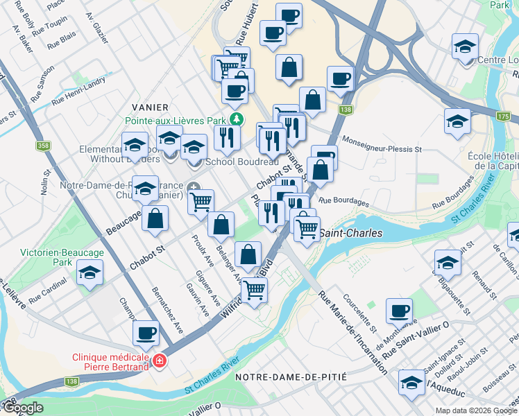 map of restaurants, bars, coffee shops, grocery stores, and more near 79 Avenue Plante in Québec