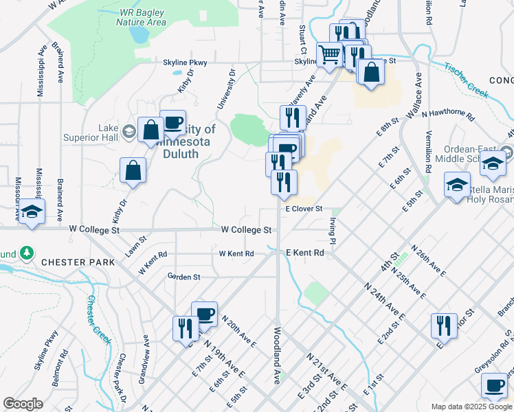 map of restaurants, bars, coffee shops, grocery stores, and more near 31 West College Street in Duluth