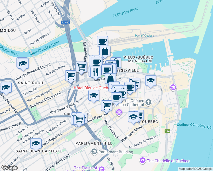 map of restaurants, bars, coffee shops, grocery stores, and more near 1102 Rue Saint-Vallier Est in Québec