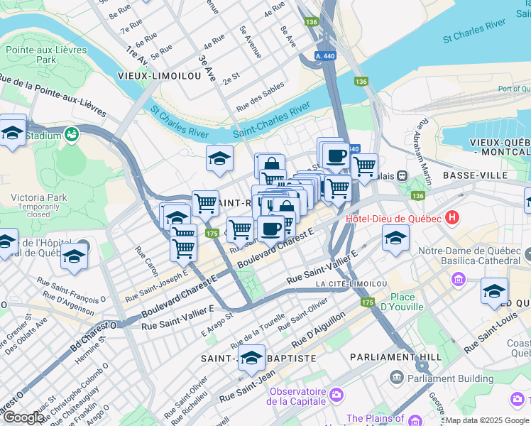 map of restaurants, bars, coffee shops, grocery stores, and more near 614 du Roi Street in Quebec