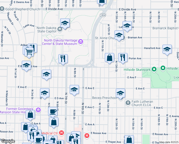 map of restaurants, bars, coffee shops, grocery stores, and more near 900 East Boulevard Avenue in Bismarck
