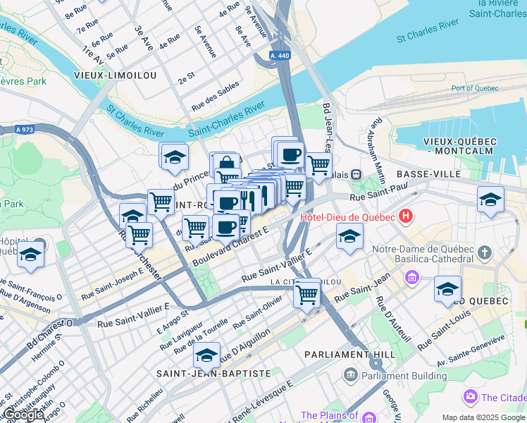 map of restaurants, bars, coffee shops, grocery stores, and more near 770 Rue Saint-Joseph Est in Québec