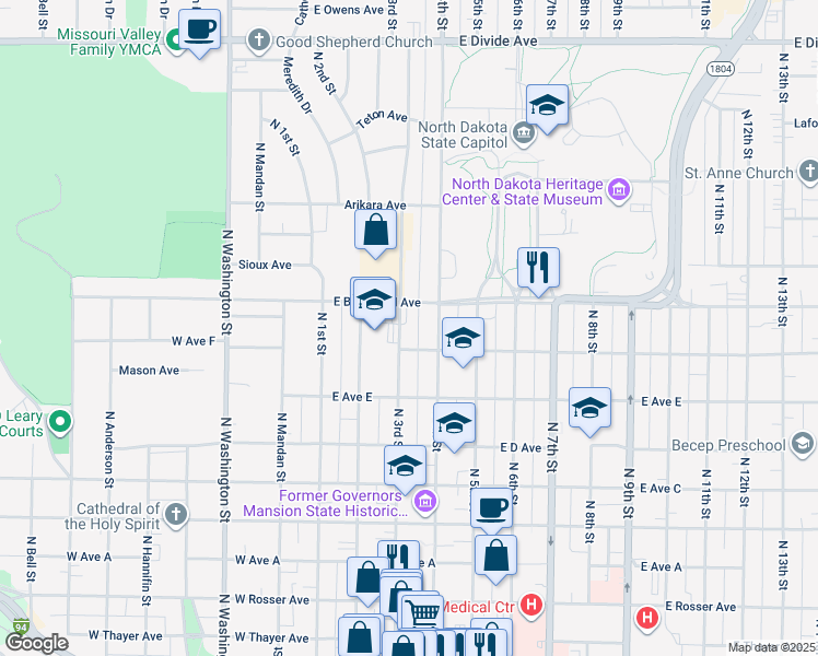 map of restaurants, bars, coffee shops, grocery stores, and more near 1015 North 3rd Street in Bismarck