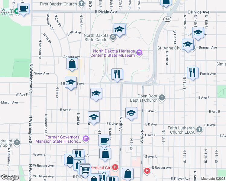 map of restaurants, bars, coffee shops, grocery stores, and more near 615 East Boulevard Avenue in Bismarck