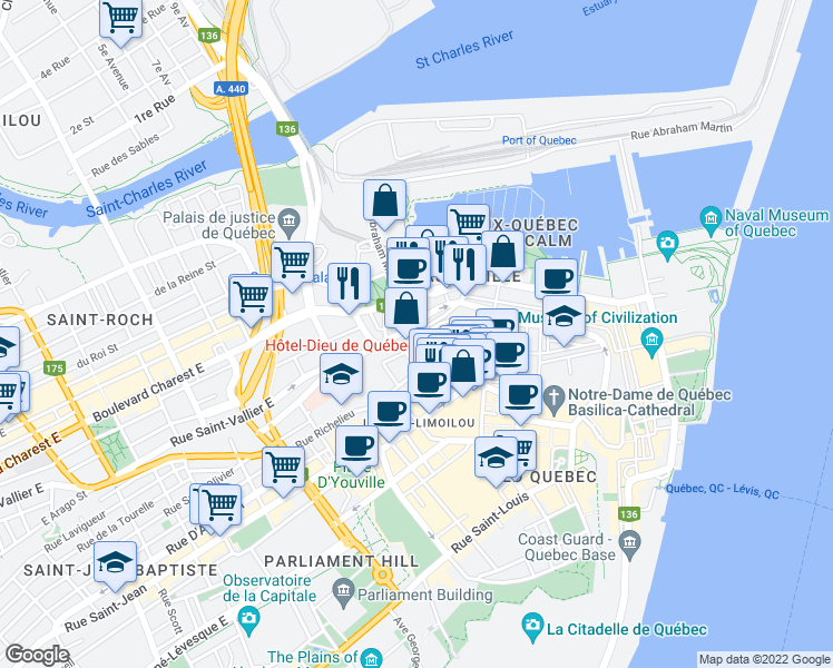 map of restaurants, bars, coffee shops, grocery stores, and more near 6 Rue des Remparts in Québec