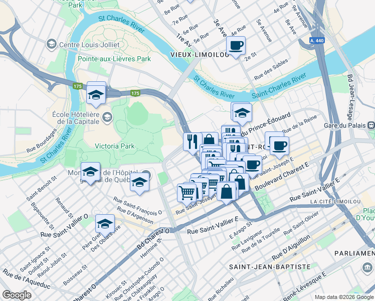 map of restaurants, bars, coffee shops, grocery stores, and more near in Quebec City