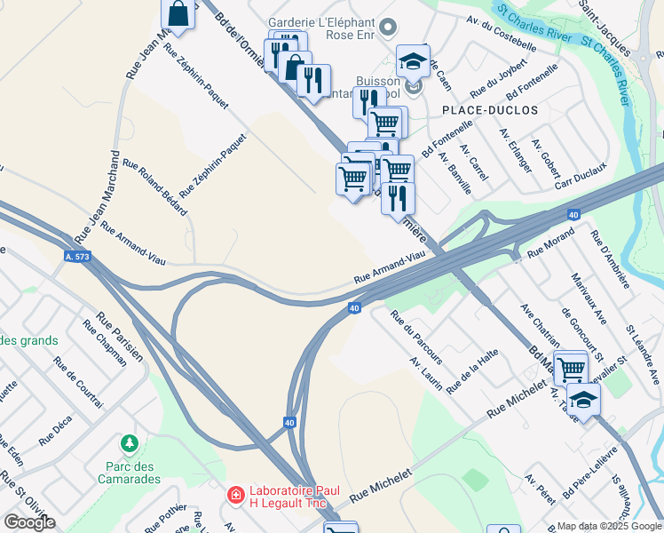 map of restaurants, bars, coffee shops, grocery stores, and more near 4500 Rue Armand Viau in Québec