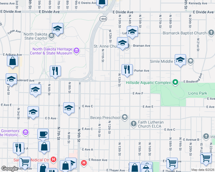 map of restaurants, bars, coffee shops, grocery stores, and more near 1030 North 12th Street in Bismarck