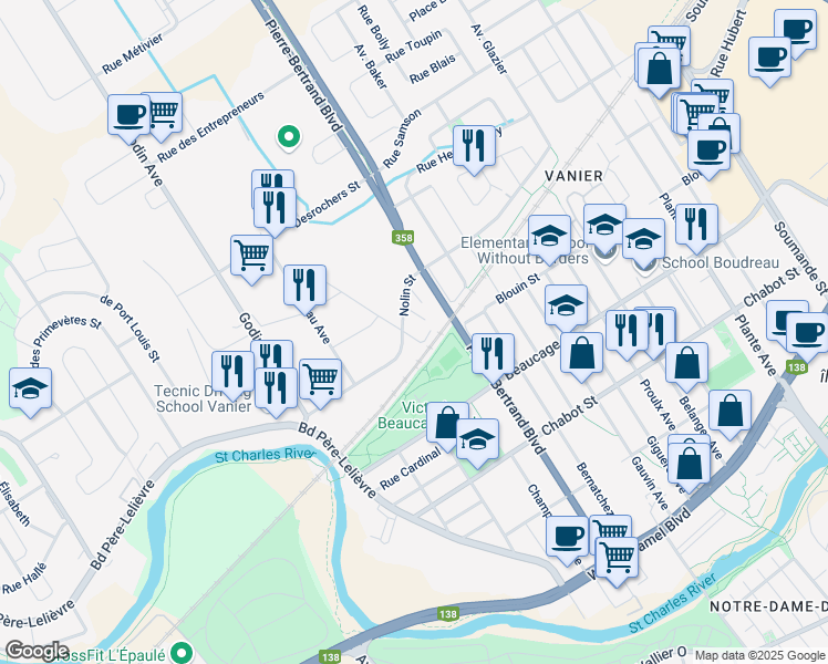map of restaurants, bars, coffee shops, grocery stores, and more near 350 Rue Nolin in Ville de Québec