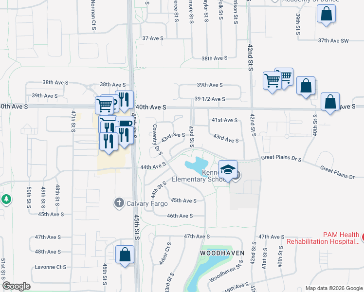 map of restaurants, bars, coffee shops, grocery stores, and more near 4338 44th Street South in Fargo