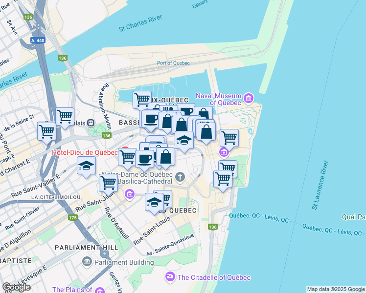 map of restaurants, bars, coffee shops, grocery stores, and more near 23 Rue des Remparts in Ville de Québec