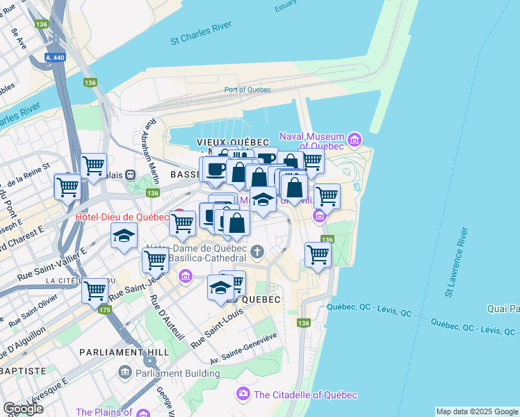map of restaurants, bars, coffee shops, grocery stores, and more near 25 Rue des Remparts in Québec