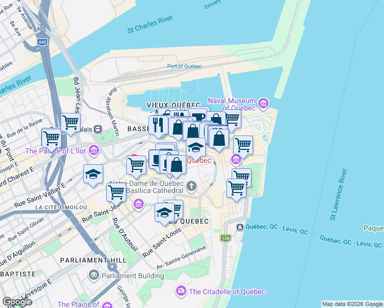 map of restaurants, bars, coffee shops, grocery stores, and more near 27 Rue des Remparts in Québec