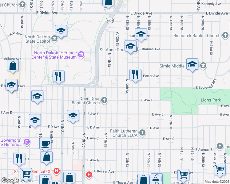 map of restaurants, bars, coffee shops, grocery stores, and more near 1020 North 12th Street in Bismarck