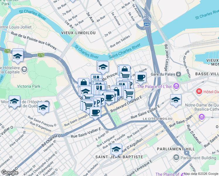 map of restaurants, bars, coffee shops, grocery stores, and more near 539 Rue de la Reine in Québec
