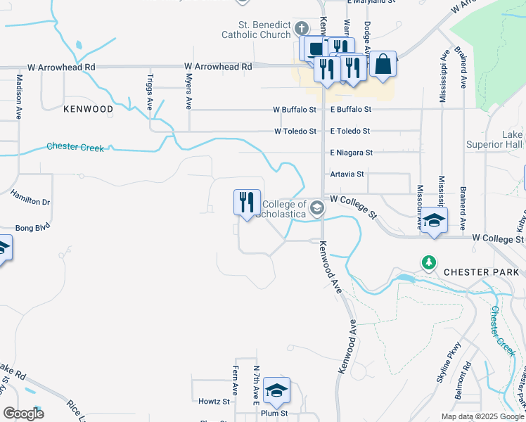 map of restaurants, bars, coffee shops, grocery stores, and more near Pine Lane in Duluth