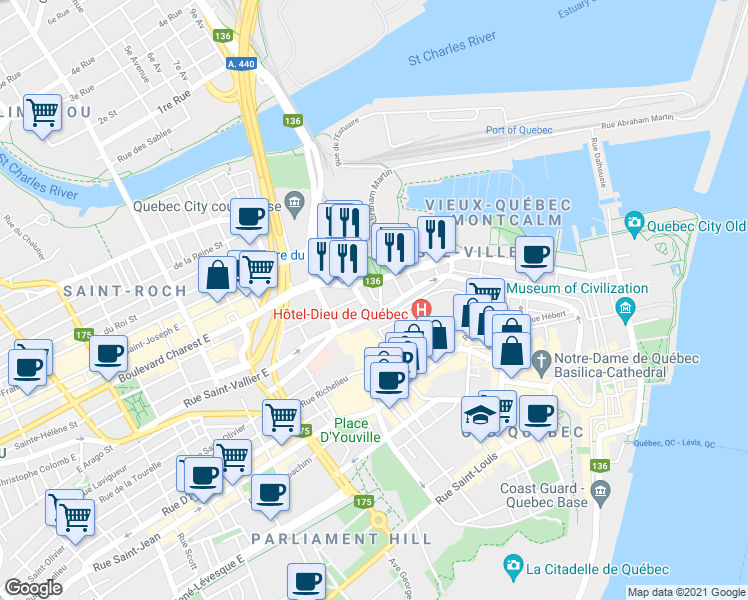 map of restaurants, bars, coffee shops, grocery stores, and more near 5 Ruelle de l'Ancien-Chantier in Québec