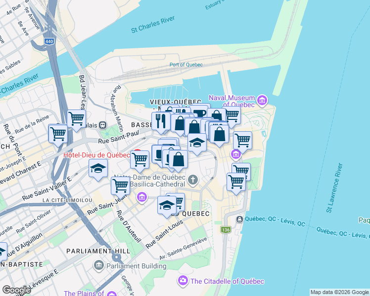 map of restaurants, bars, coffee shops, grocery stores, and more near 35 Rue des Remparts in Québec