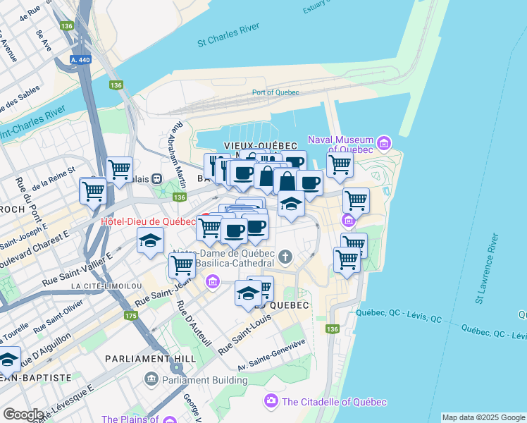 map of restaurants, bars, coffee shops, grocery stores, and more near 41 Rue des Remparts in Ville de Québec