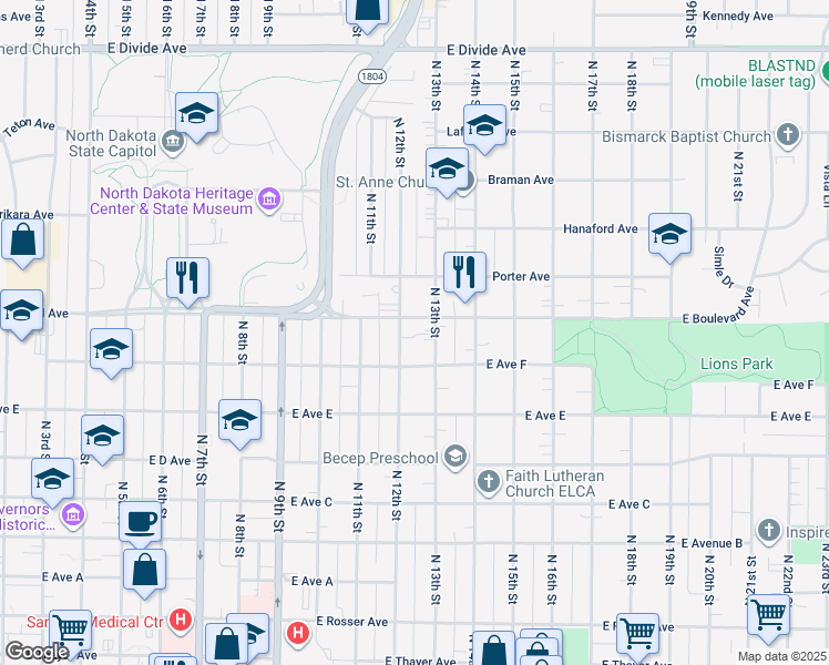 map of restaurants, bars, coffee shops, grocery stores, and more near 1274 East Boulevard Avenue in Bismarck