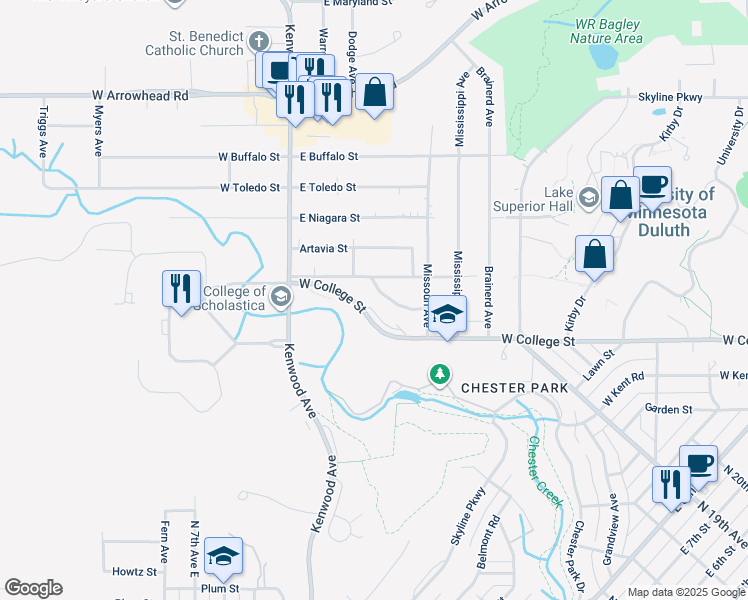 map of restaurants, bars, coffee shops, grocery stores, and more near 114 Lyons Street in Duluth
