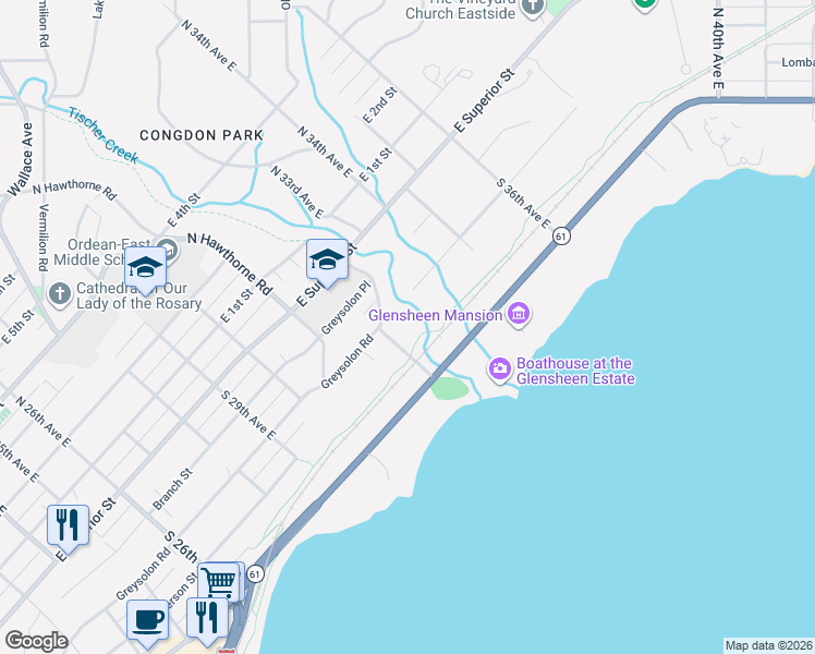map of restaurants, bars, coffee shops, grocery stores, and more near 214 South 32nd Avenue East in Duluth