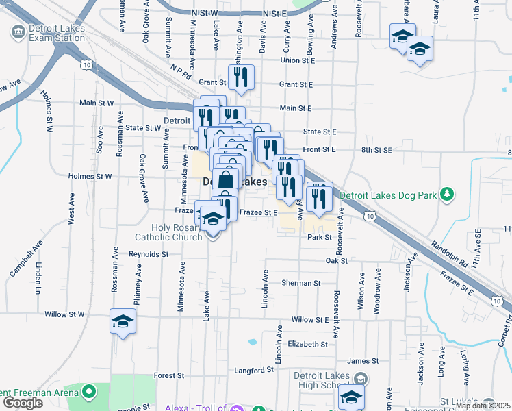 map of restaurants, bars, coffee shops, grocery stores, and more near 114 Frazee Street East in Detroit Lakes