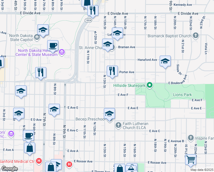map of restaurants, bars, coffee shops, grocery stores, and more near 1025 North 13th Street in Bismarck