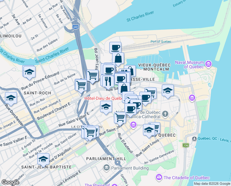 map of restaurants, bars, coffee shops, grocery stores, and more near 7 Ruelle de l'Ancien-Chantier in Québec