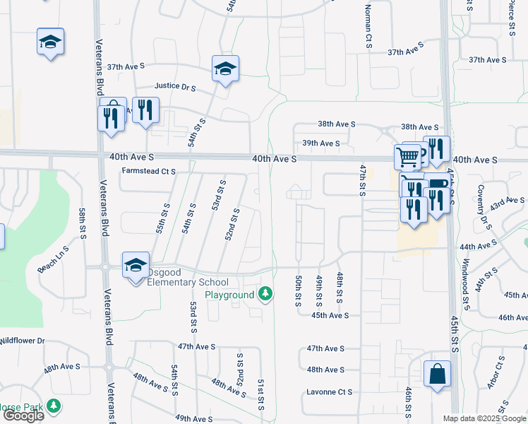map of restaurants, bars, coffee shops, grocery stores, and more near 4226 Estate Drive South in Fargo