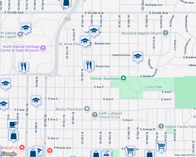 map of restaurants, bars, coffee shops, grocery stores, and more near 1410 East Boulevard Avenue in Bismarck