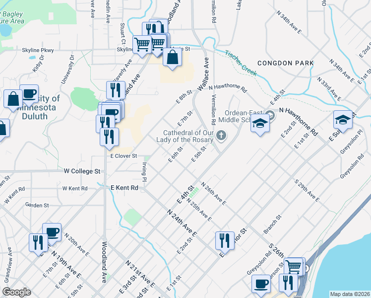 map of restaurants, bars, coffee shops, grocery stores, and more near 2617 East 6th Street in Duluth