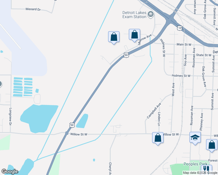 map of restaurants, bars, coffee shops, grocery stores, and more near 1150 U.S. 59 in Detroit Lakes