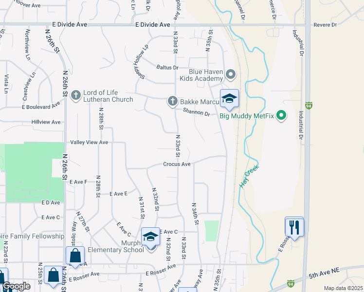 map of restaurants, bars, coffee shops, grocery stores, and more near 1019 North 33rd Street in Bismarck